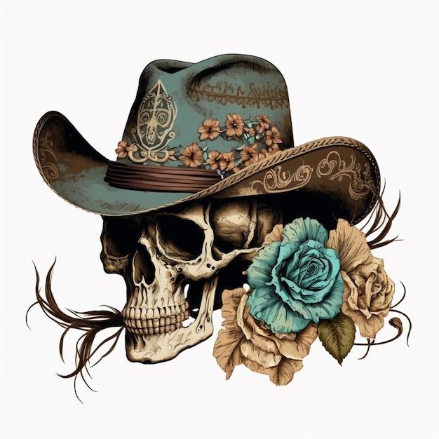 skull wearing a cowboy hat with a flower and feather generative ai