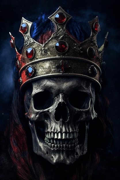 Skull wearing a crown with red hair and a blue background generative ai