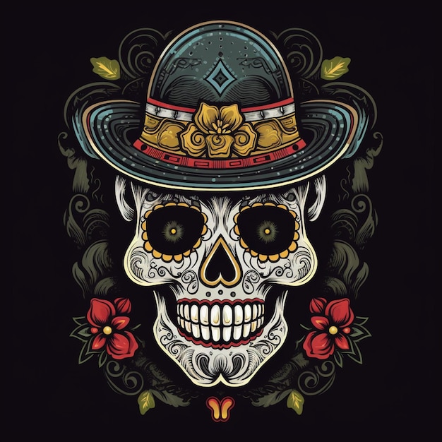 Skull wearing a hat with a bow and roses generative ai