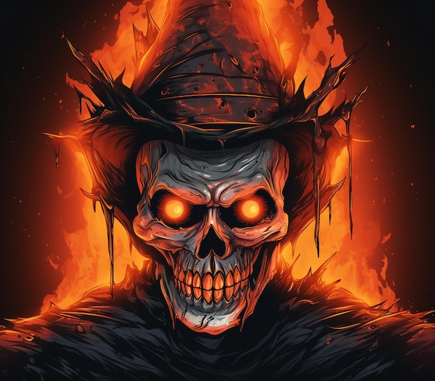 skull wearing a hat with flames in the background generative ai