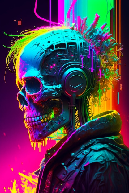 Skull wearing headphones and neon background with music notes on it Generative AI