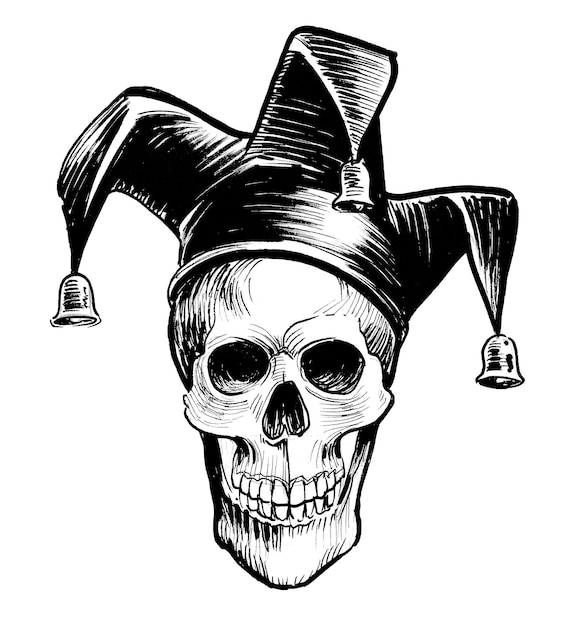 A skull wearing a jester hat with a skull on it.