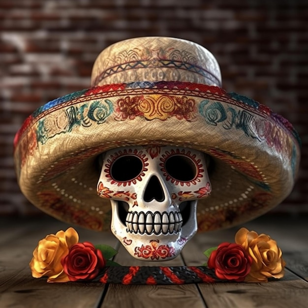 Photo skull wearing a mexican sombrero