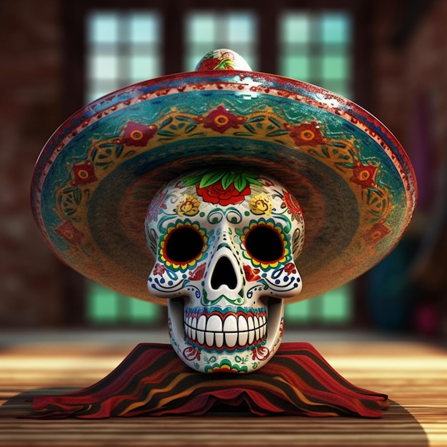 Skull wearing a mexican sombrero