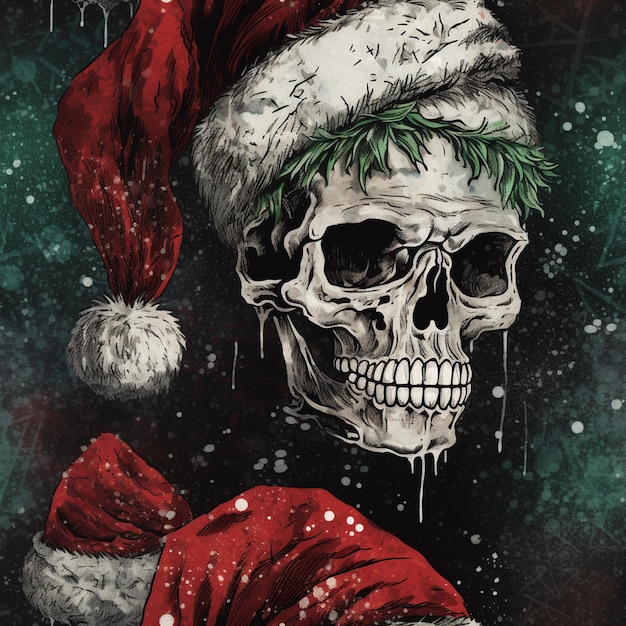 skull wearing santa hat with dripping paint on it generative ai