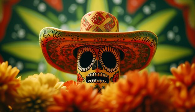 ソムブレロを着た頭蓋骨が花で飾られている