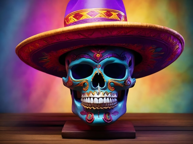 A skull wearing a sombrero and a purple hat