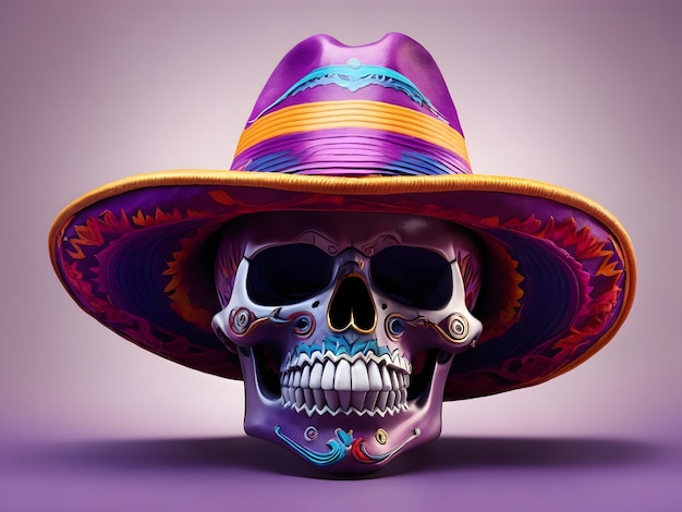 A skull wearing a sombrero and a purple hat