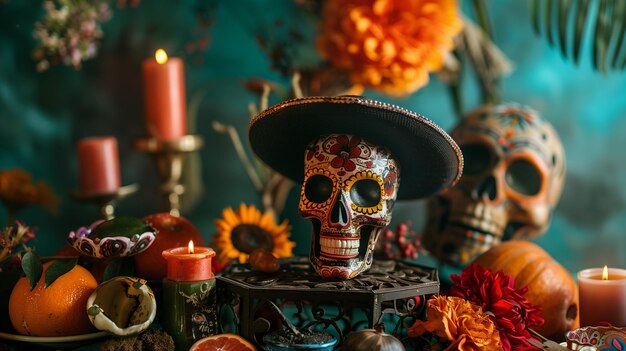 Skull wearing sombrero on table