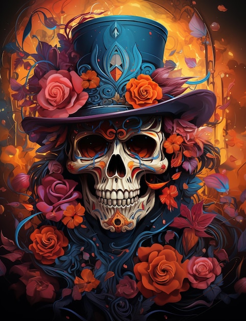 skull wearing a top hat with roses and a butterfly generative ai