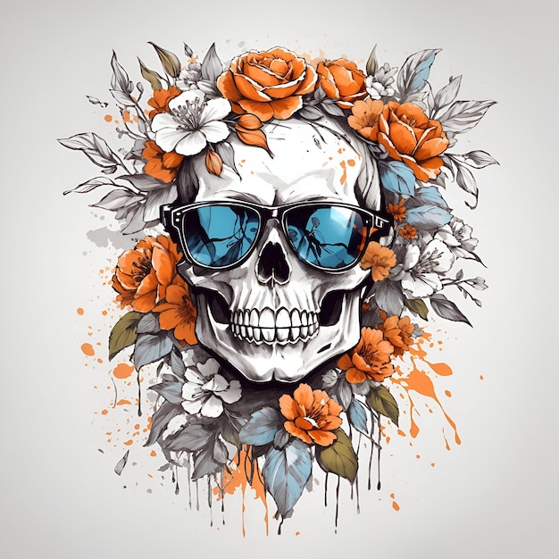 A skull wearing trendy sunglasses with flowers splash for tshirt design
