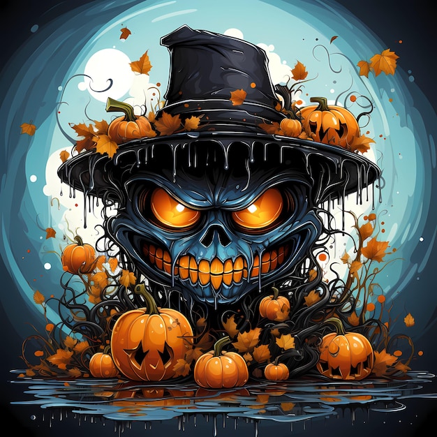 Skull wearing witches hat with pumpkins around it Generative AI