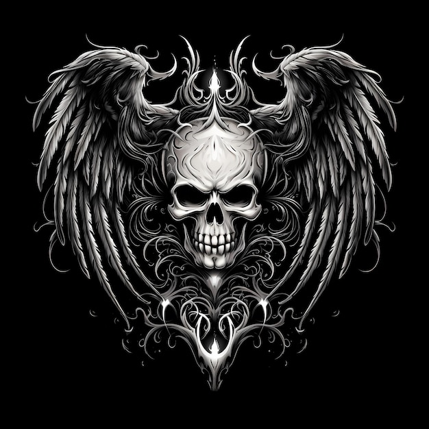 skull and winged heart tattoo design dark art illustration isolated on black background