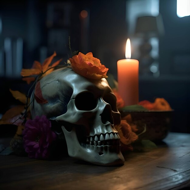 Skull with autumn leaves and candle on wooden table Halloween concept