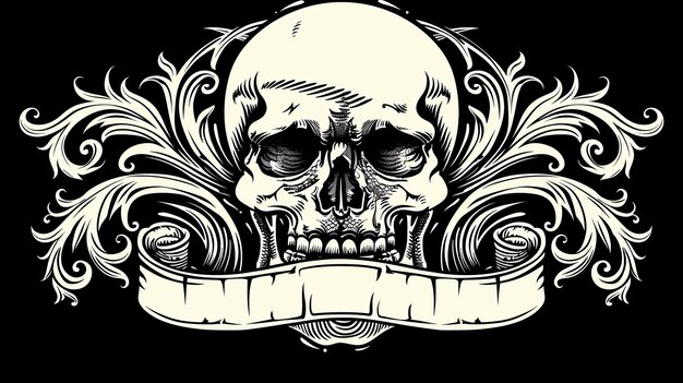 Photo a skull with a banner below it the skull is surrounded by flourishes the image is in black and white