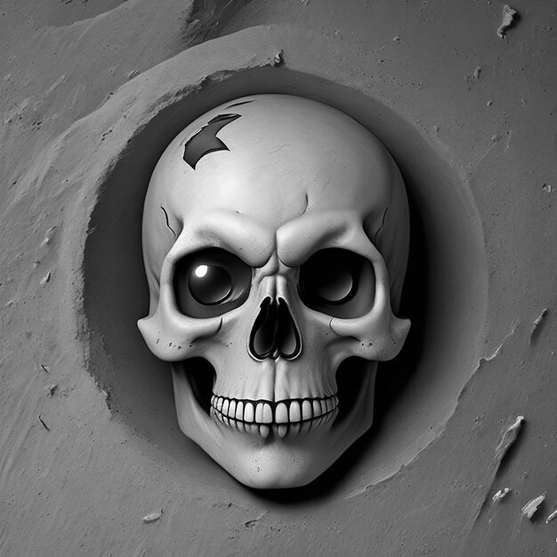 A skull with a black spot on the face is in a hole.