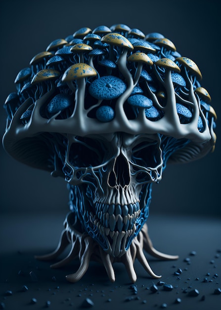 A skull with a blue cap and a mushroom on it