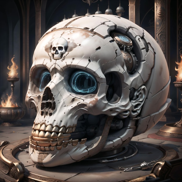 A skull with blue eyes sits on a table in front of a fire.