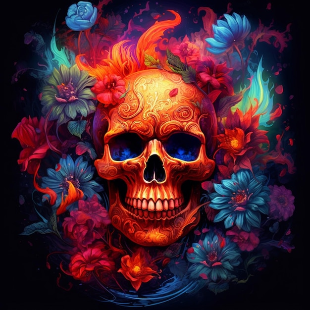 A skull with a blue face and flowers on it