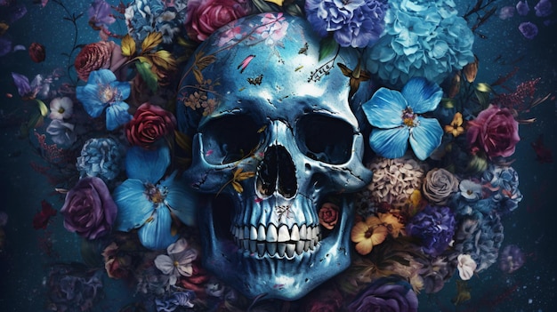 a skull with a blue face and flowers on it