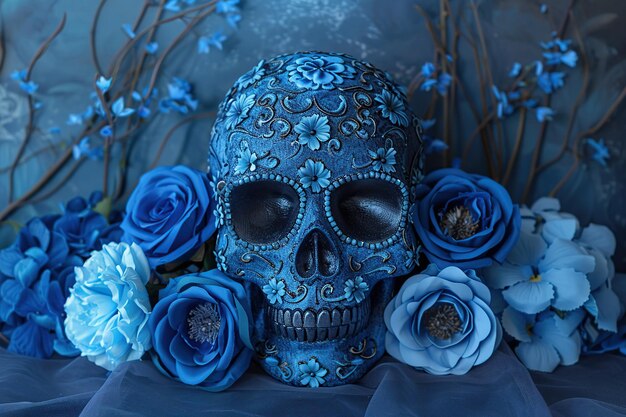 Skull with blue flowers on dark blue background Halloween concept