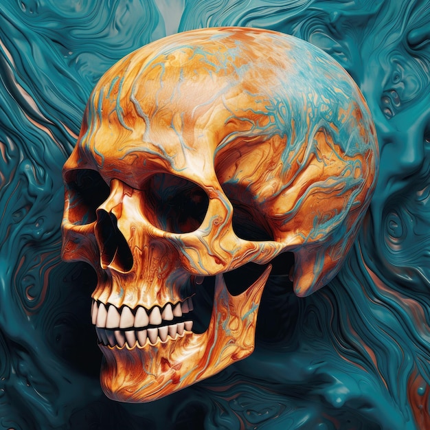 a skull with blue and orange paint