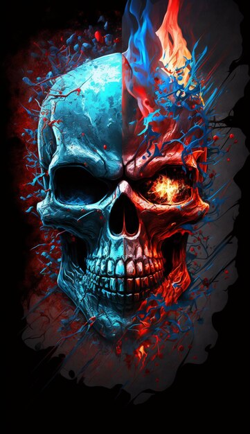 A skull with a blue and red flame on it