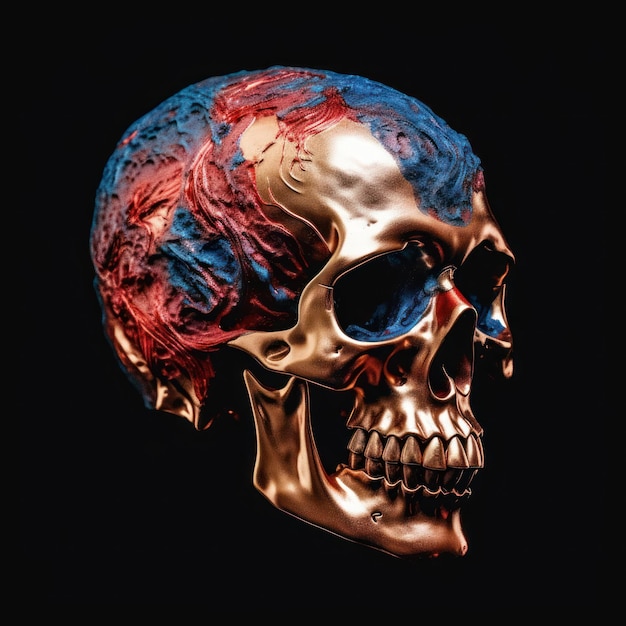 A skull with blue and red paint on it