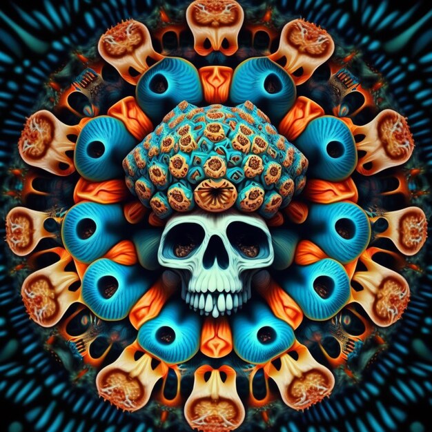 A skull with a blue skull and a blue skull on it.