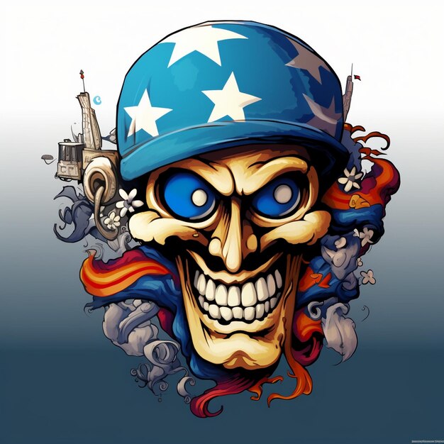 a skull with a blue star on it and a blue hat with stars on it.