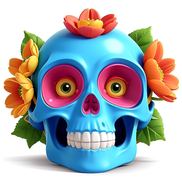 Skull with bright colour flower and leaves covered on it generative AI