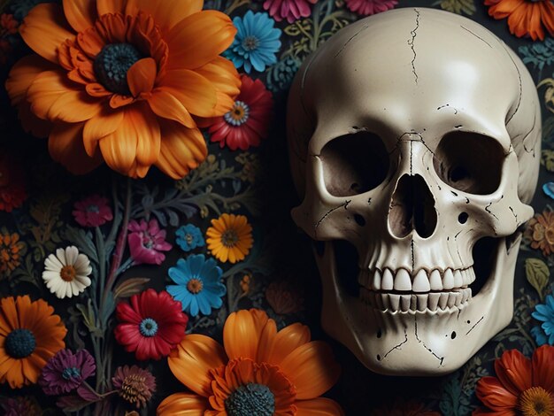 a skull with a broken jaw sits next to a flowered background