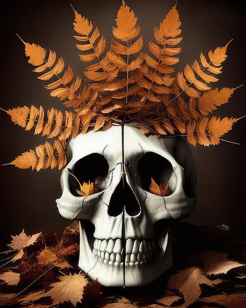 A skull with a bunch of leaves on it