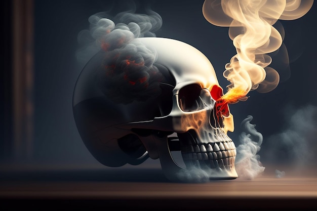 A skull with a burning flame and smoke on it