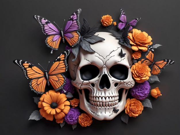 A Skull With Butterflies And Flowers