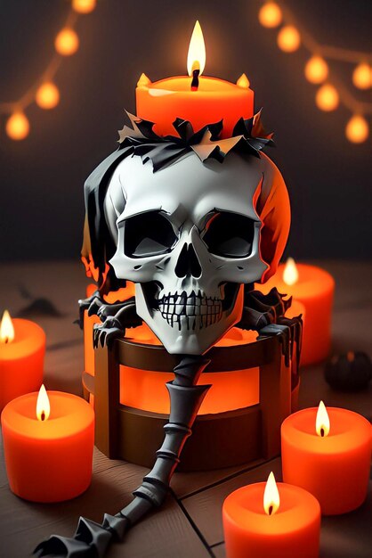 A skull with a candle in the background