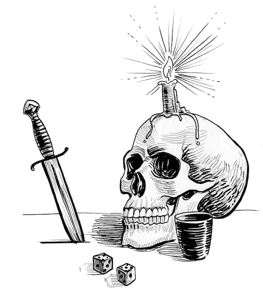 A skull with a candle on it and dice on the table.