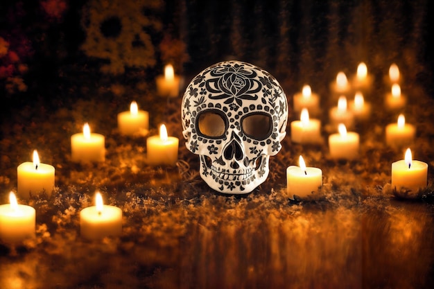 Photo skull with candles in the background day of the dead celebration