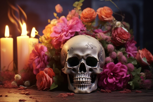 Foto teschio con candele e fiori per il giorno dei morti