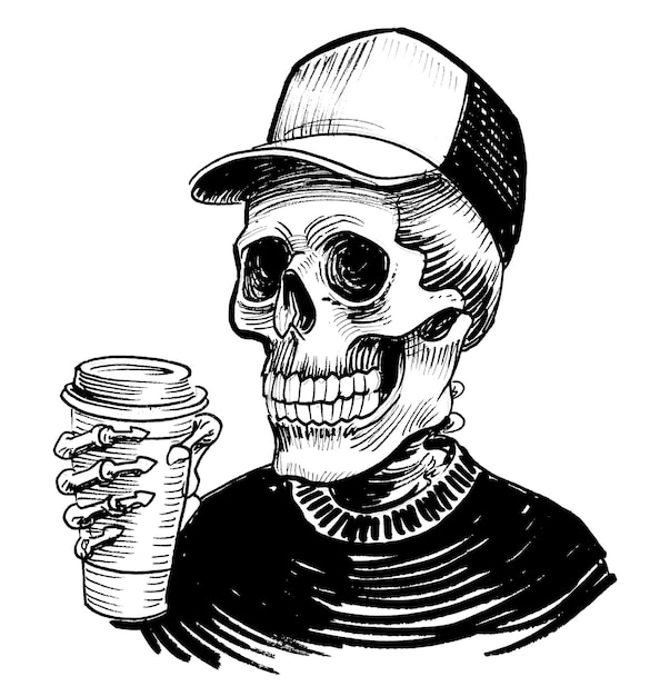 A skull with a cap and a cap that says " coffee " on it.