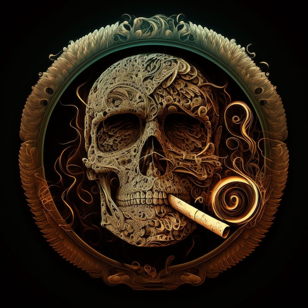 A skull with a cigarette in it and a gold circle on the bottom.