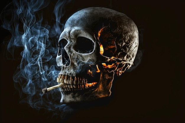 A skull with a cigarette in its mouth on a black background symbolizing antismoking efforts