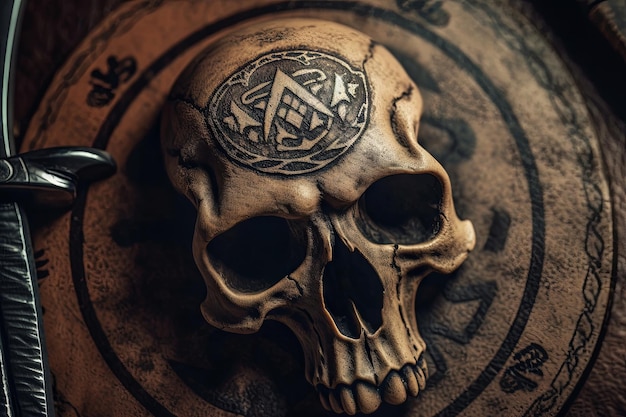 A skull with a circle of the symbol of the witcher.