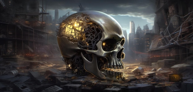 A skull with a city in the background