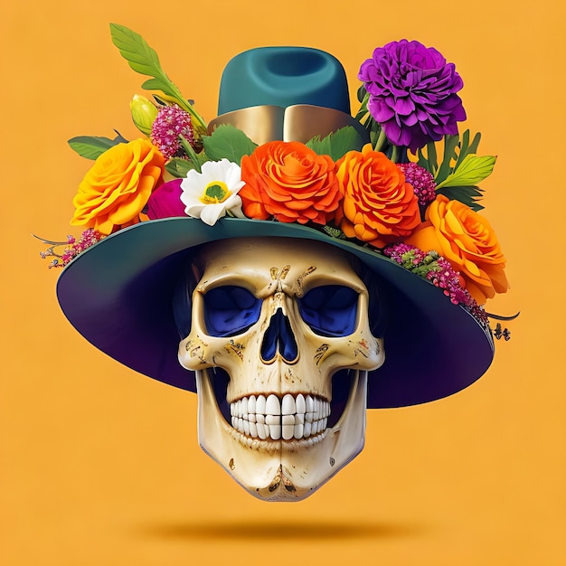 A skull with a color hat and colorful flowers on it