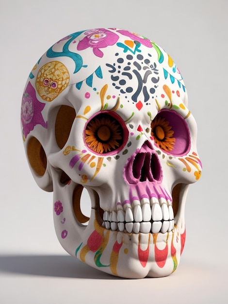 A skull with colorful flowers on it sits on a table.