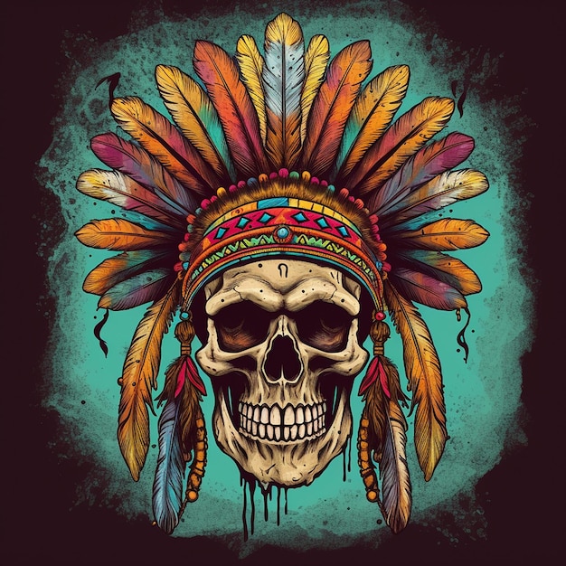 a skull with a colorful headdress and feathers on it