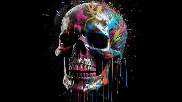 Skull with colorful paint splashes on black backgroundgenerative ai