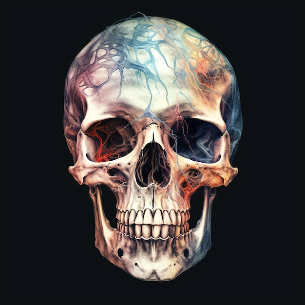 A skull with a colorful pattern and the word bone on it