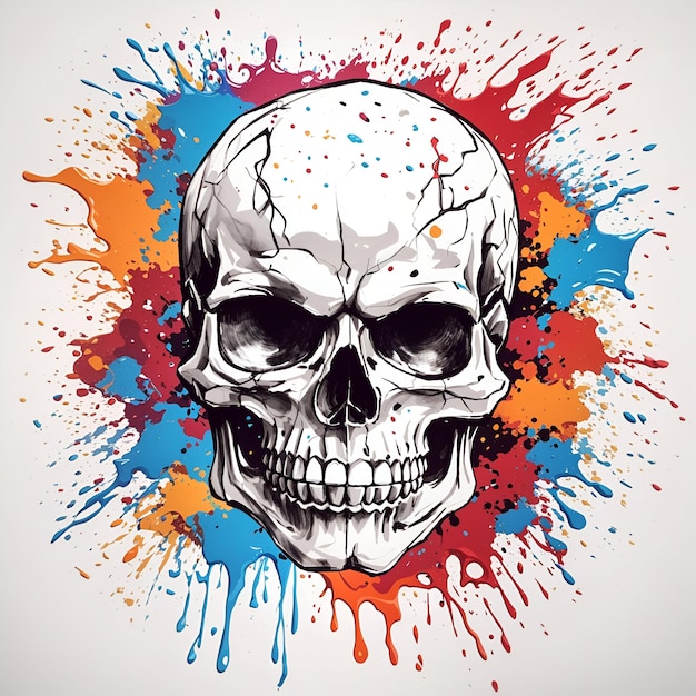 A skull with colorful splashes on white background for tshirt design